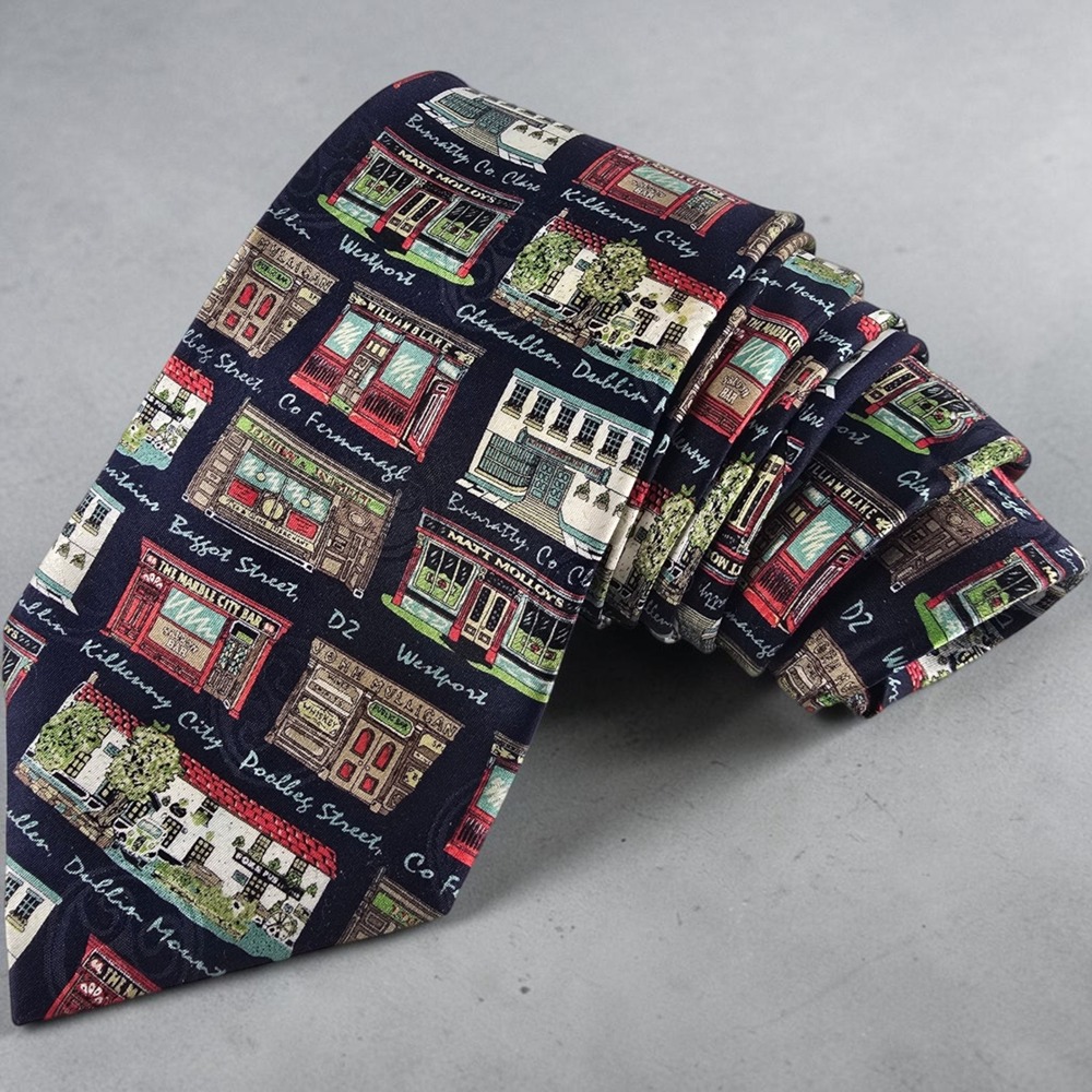 Trad Craft Pubs of Ireland Men Silk Tie Navy Blue Novelty Print Wide 60x4 T9010